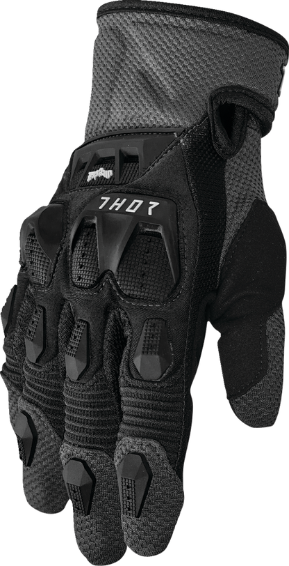 Black and charcoal THOR Terrain gloves in 2XL size, featuring durable construction and textured grip for motorcycle riding.