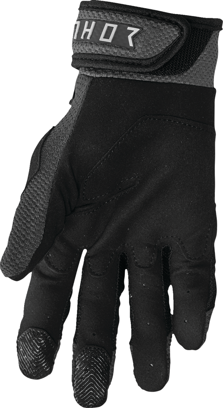 Black and charcoal THOR Terrain gloves in 2XL size, featuring durable riding gloves with textured grip and adjustable wrist closure.