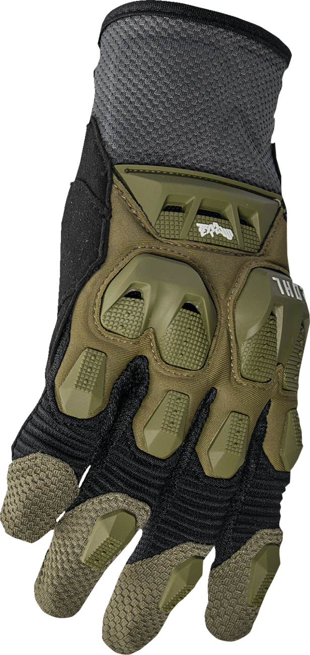 THOR Terrain Gloves 3XL in army and charcoal color, durable riding gloves with rugged design and reinforced palms.