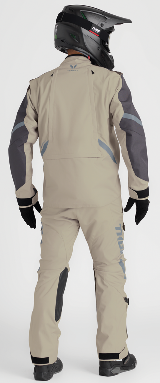 THOR Terrain Motorcycle Jacket in 2XL Sand, showcasing durable waterproof riding gear with ventilation features.