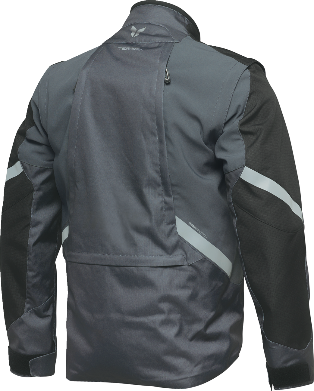 Thor Terrain Jacket in charcoal, a durable motorcycle jacket from Thor, shown in a close-up of the textured fabric and design.