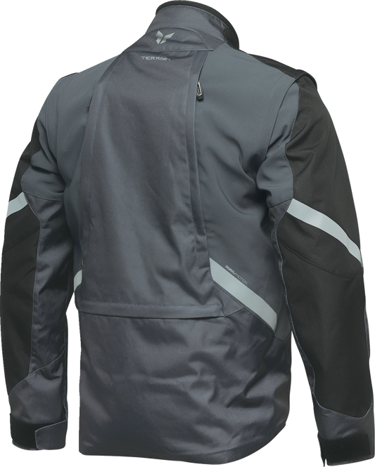 Thor Terrain Jacket in charcoal, a durable motorcycle jacket from Thor, shown in a close-up of the textured fabric and design.