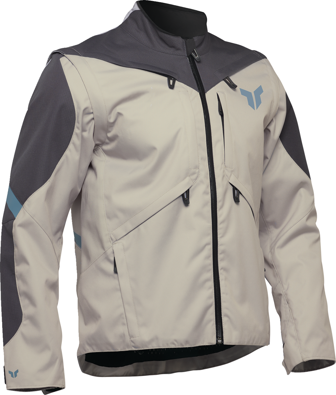 THOR Terrain Jacket in sand color, small size, featuring durable, water-resistant riding jacket design with zipper and protective collar.