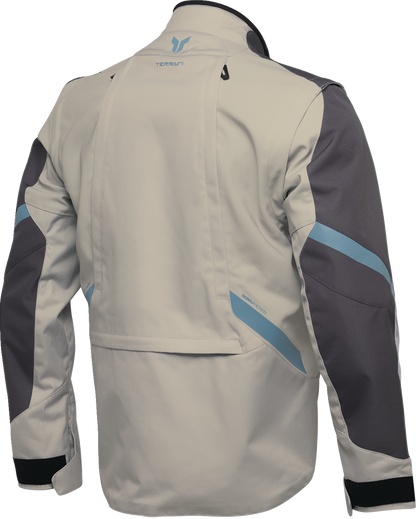 Thor Terrain Jacket in Sand, small size, showing durable, water-resistant riding jacket with zip pockets and adjustable cuffs.