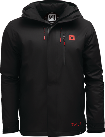 Black THOR Tour Motorcycle Jacket in large size with waterproof insulation and chest pocket, designed for riding comfort.