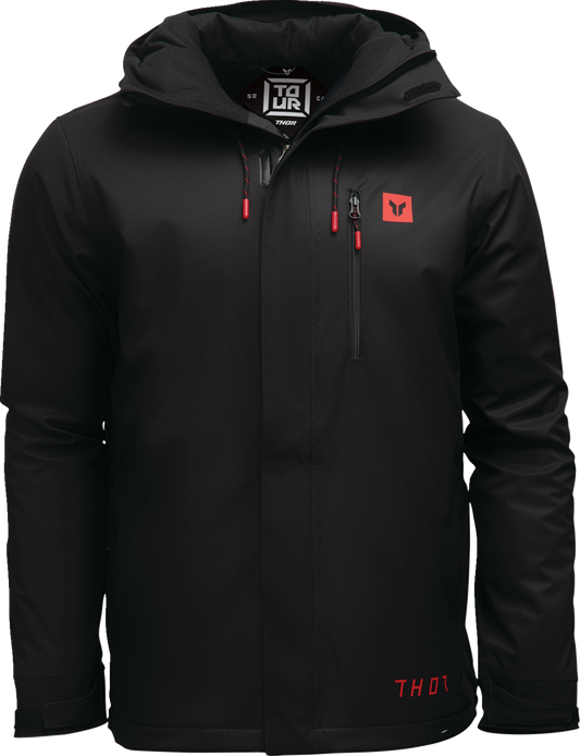 Black THOR Tour Motorcycle Jacket in large size with waterproof insulation and chest pocket, designed for riding comfort.
