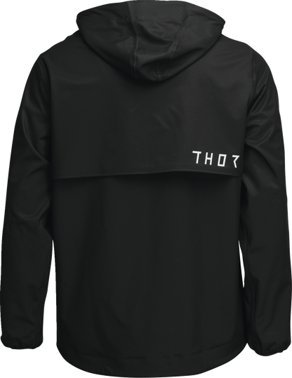 Black THOR Unit Light Shell Jacket in XL, showcasing a sleek, lightweight design with a full front zipper and adjustable hood.