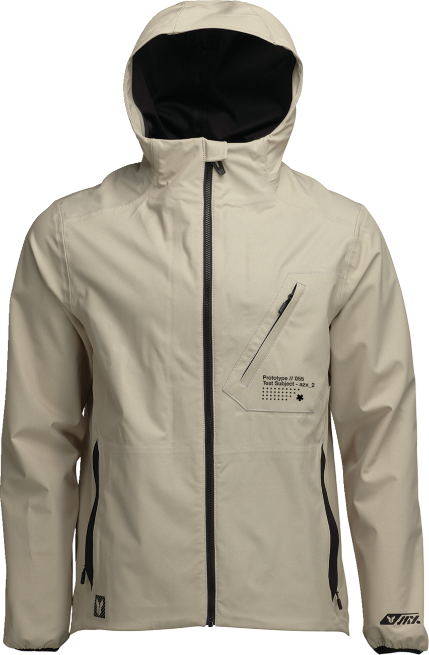 THOR Unit Light Shell Jacket in sand, small size, with waterproof fabric and adjustable hood, designed for outdoor protection.