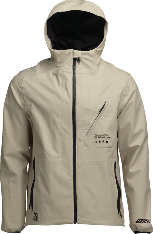 THOR Unit Light Shell Jacket in sand, small size, with waterproof fabric and adjustable hood, designed for outdoor protection.