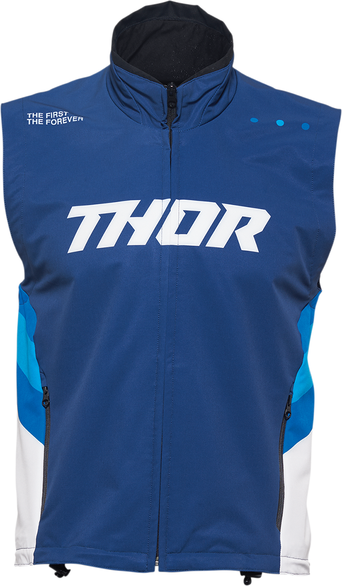 THOR Warmup Vest in navy and white, large size, with a front zipper and sporty design, ideal for riding and outdoor activities.