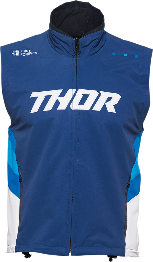 THOR Warmup Vest in navy and white, large size, with a front zipper and sporty design, ideal for riding and outdoor activities.