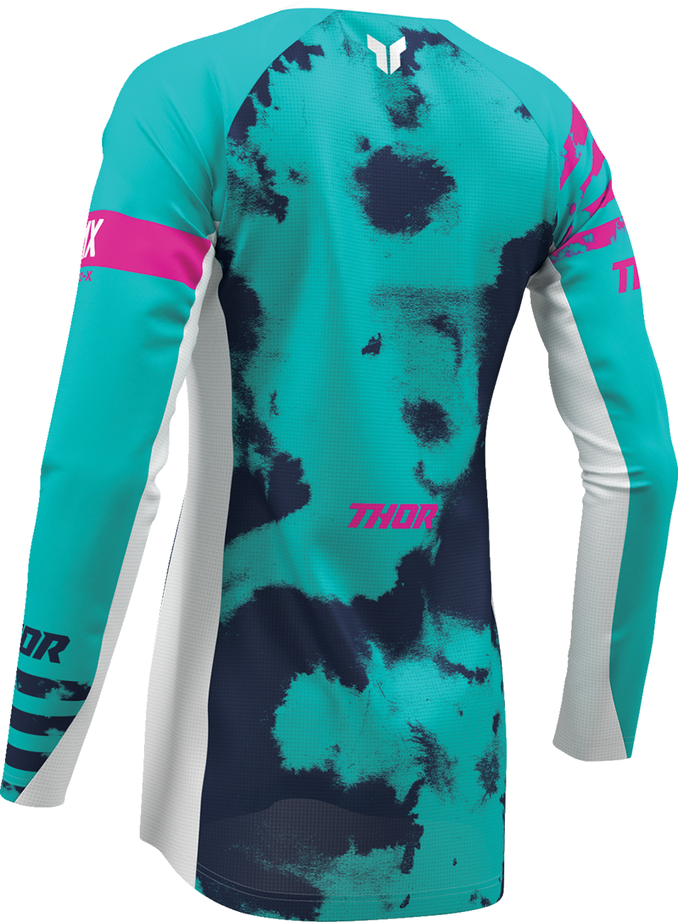 THOR Women's Launchmode Bleach Jersey in white and aqua, featuring a casual fit and sporty design, displayed on a plain background.