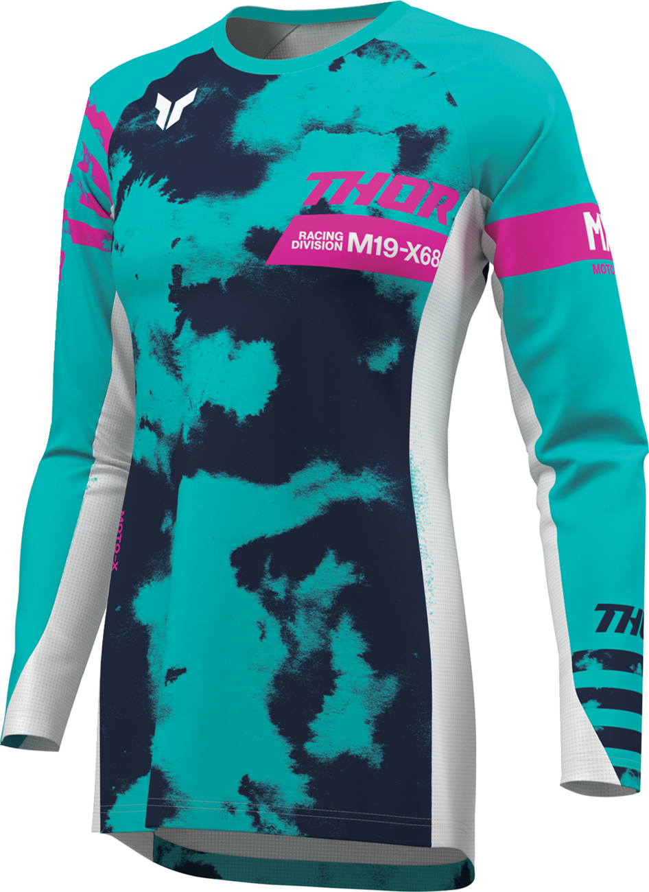 THOR Women's Launchmode Bleach Jersey in white and aqua color, featuring a casual, sporty design and THOR branding.