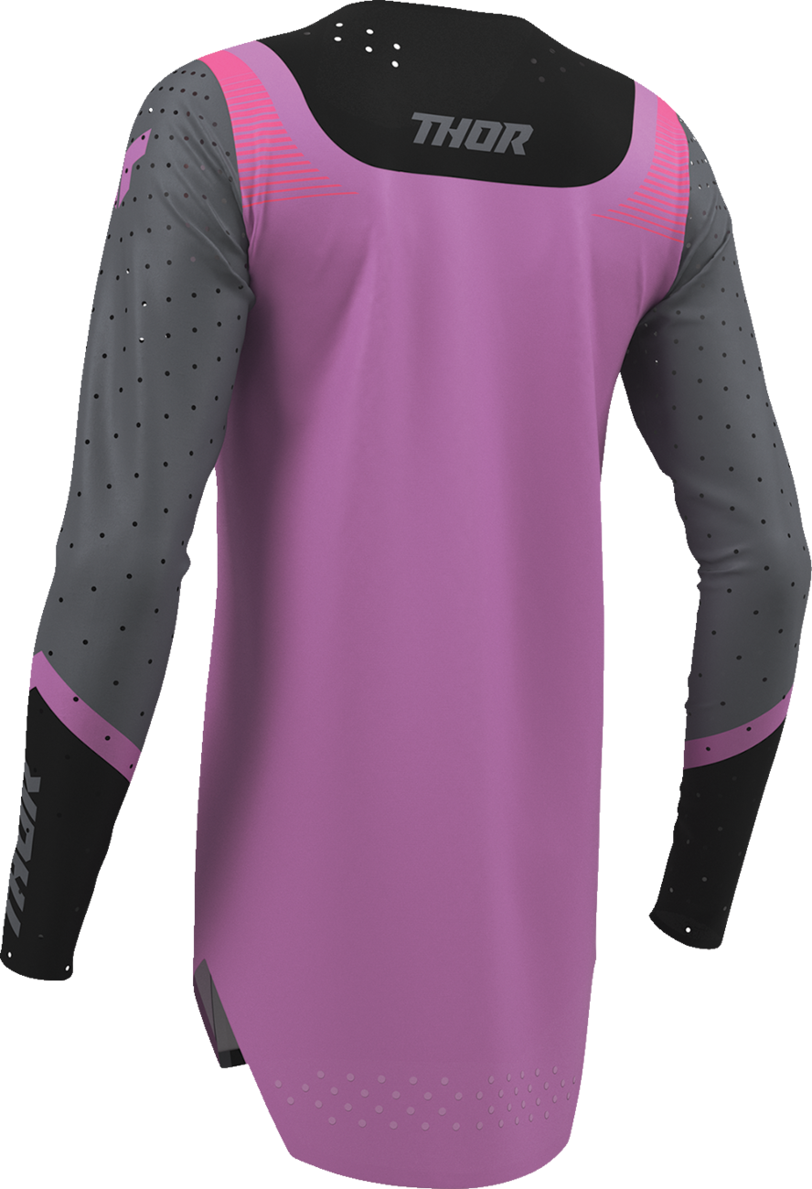 Black and orchid THOR Women's Sportmode Velocity Jersey with breathable fabric, athletic fit, and stylish design for active wear.