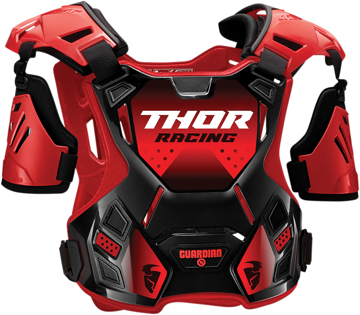 Red and black THOR Youth Guardian Roost Deflector 2XS/XS, lightweight protective gear for young riders.