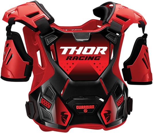 Red and black THOR Youth Guardian Roost Deflector 2XS/XS, lightweight protective gear for young riders.