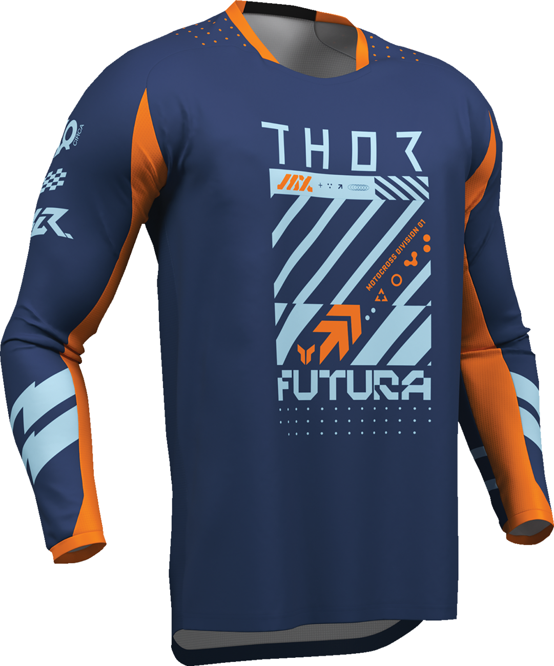 Youth THOR Launchmode Futura jersey in navy and orange, featuring sporty design and branding details.
