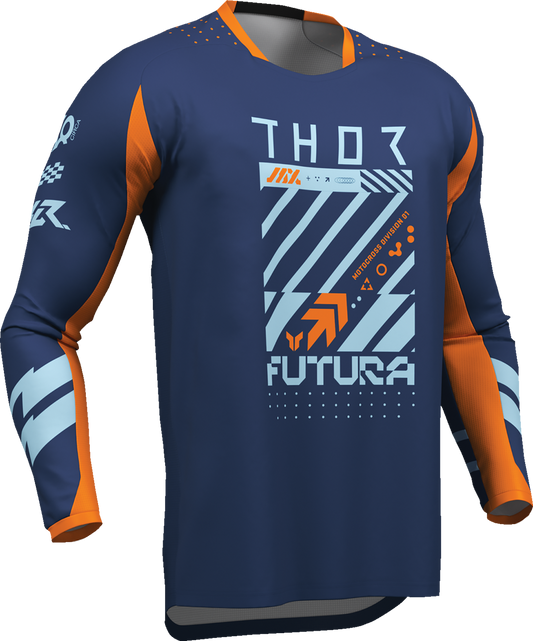 THOR Youth Launchmode Futura Jersey in navy and orange with lightweight, breathable fabric and race-inspired design.