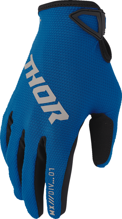 Blue THOR Youth Ridemode Static gloves in small size, showing the protective motorcycle riding gloves with adjustable wrist strap.