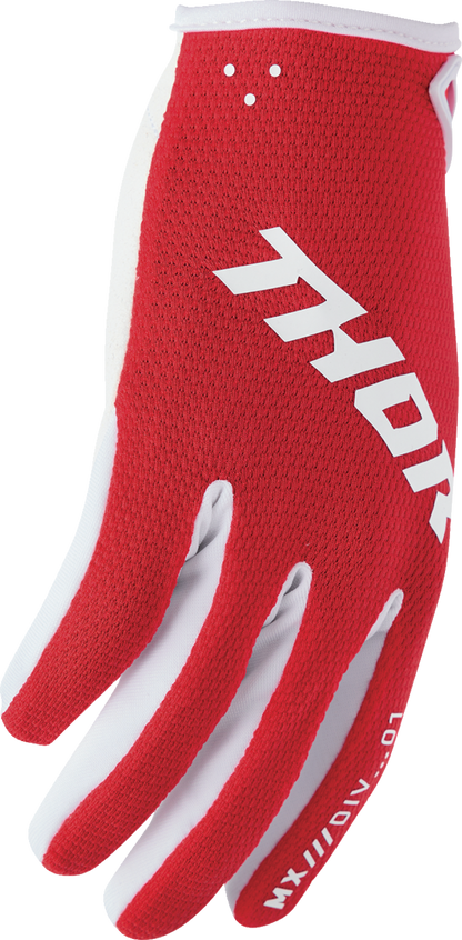 Red THOR youth Ridemode static gloves in large size, showing the durable motocross glove design with adjustable wrist closure.
