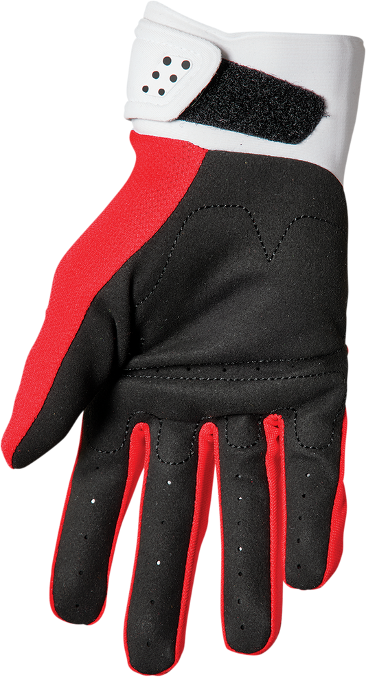 Red and white THOR Youth Spectrum Gloves 2XS, motocross gloves with flexible design and padded palms for youth riders.