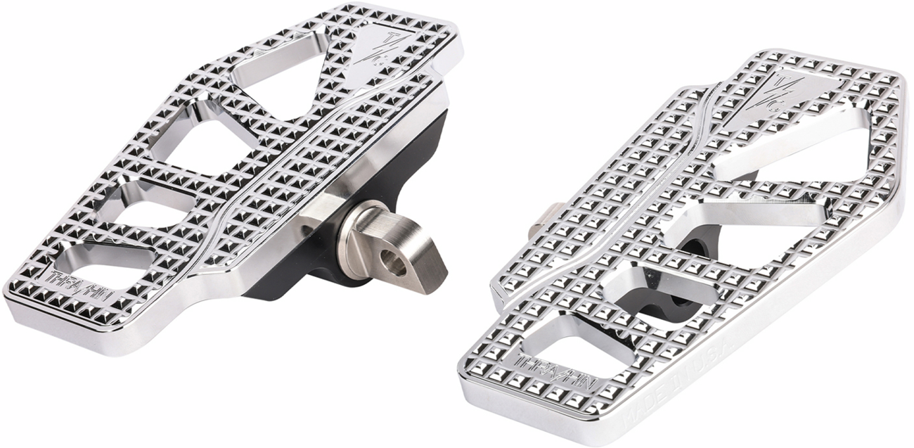 Chrome Apex Mini Floorboards for Driver by THRASHIN SUPPLY CO., showing polished metal surface and mounting brackets.