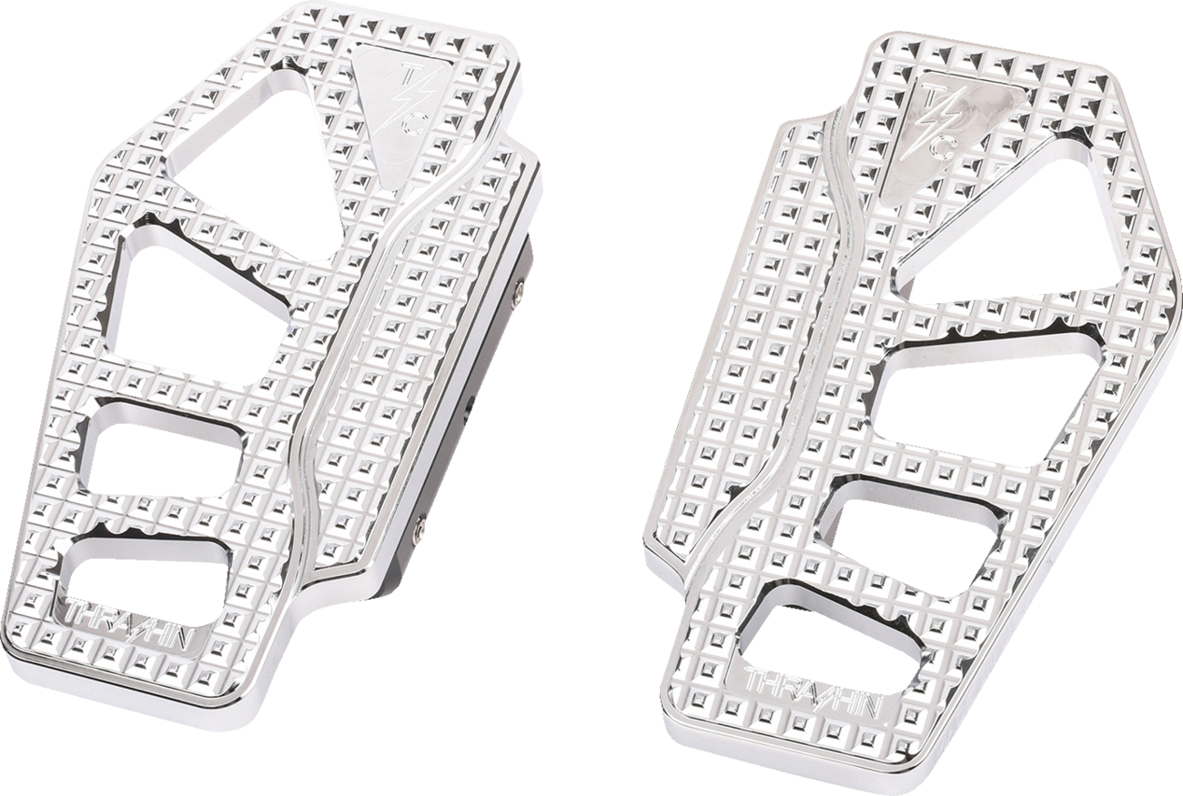 Chrome passenger side Apex Mini Floorboards by THRASHIN SUPPLY CO. for enhanced motorcycle rider comfort and style.