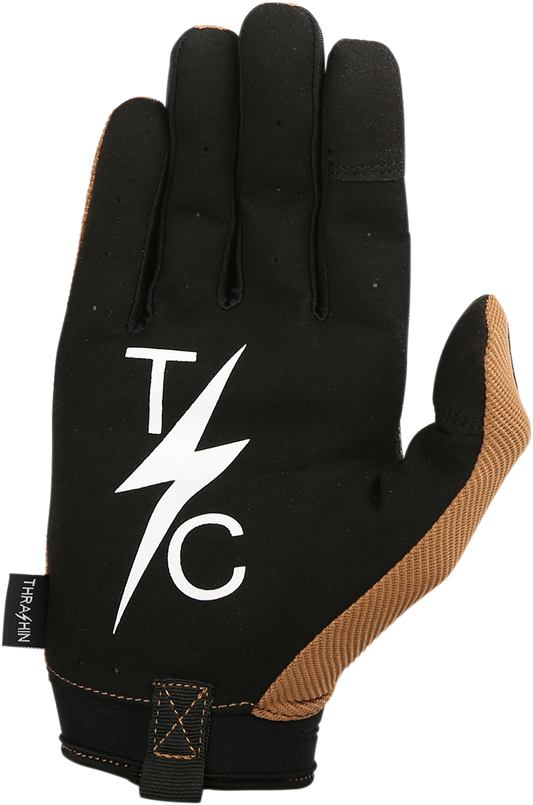 THRASHIN SUPPLY CO. Covert Tactical Gloves in tan, size 2XL, showing close-up of durable finger and palm design for tactical use.