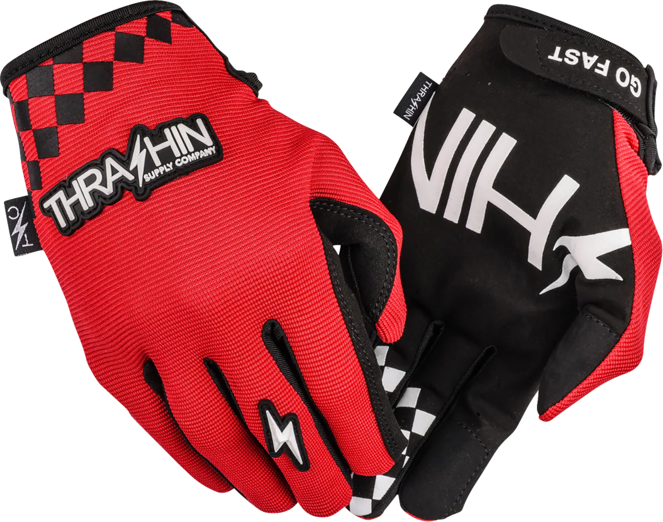 Red medium Go Fast Stealth gloves by THRASHIN SUPPLY CO. with black detailing, designed for riding or outdoor activities.