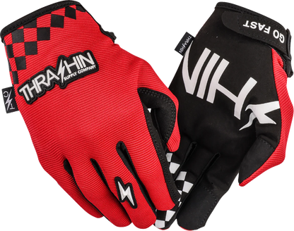 Red medium Go Fast Stealth gloves by THRASHIN SUPPLY CO. with black detailing, designed for riding or outdoor activities.
