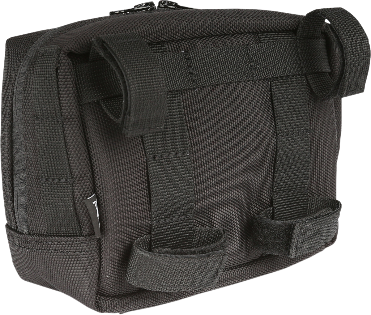 Black THRASHIN SUPPLY CO. handlebar bag with quick-attach nylon straps, designed for easy mounting on bikes.