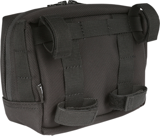 Black THRASHIN SUPPLY CO. handlebar bag with quick-attach nylon straps, designed for easy mounting on bikes.