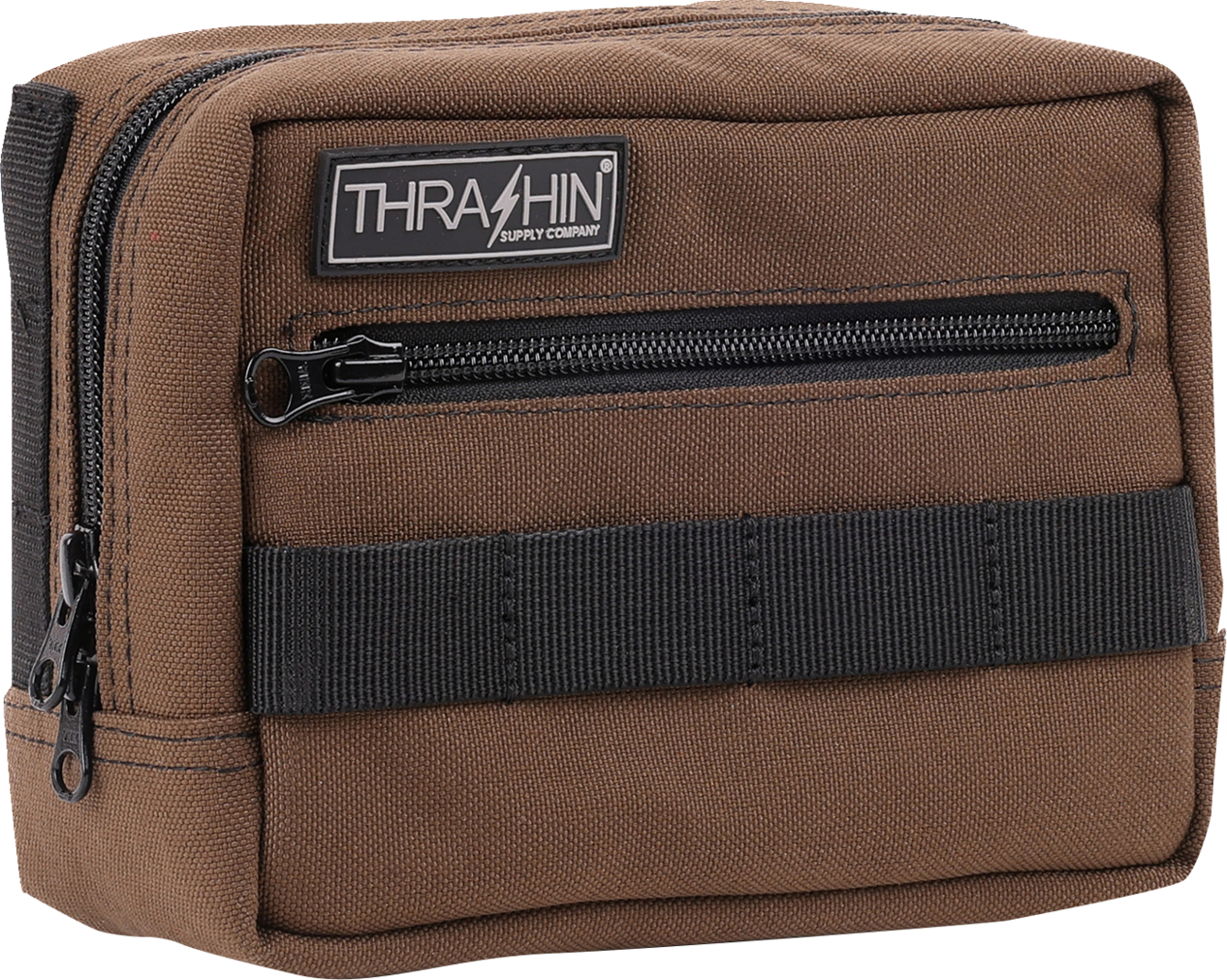 Brown THRASHIN SUPPLY CO. handlebar bag with MOLLE webbing and multiple attachment points for cycling accessories.