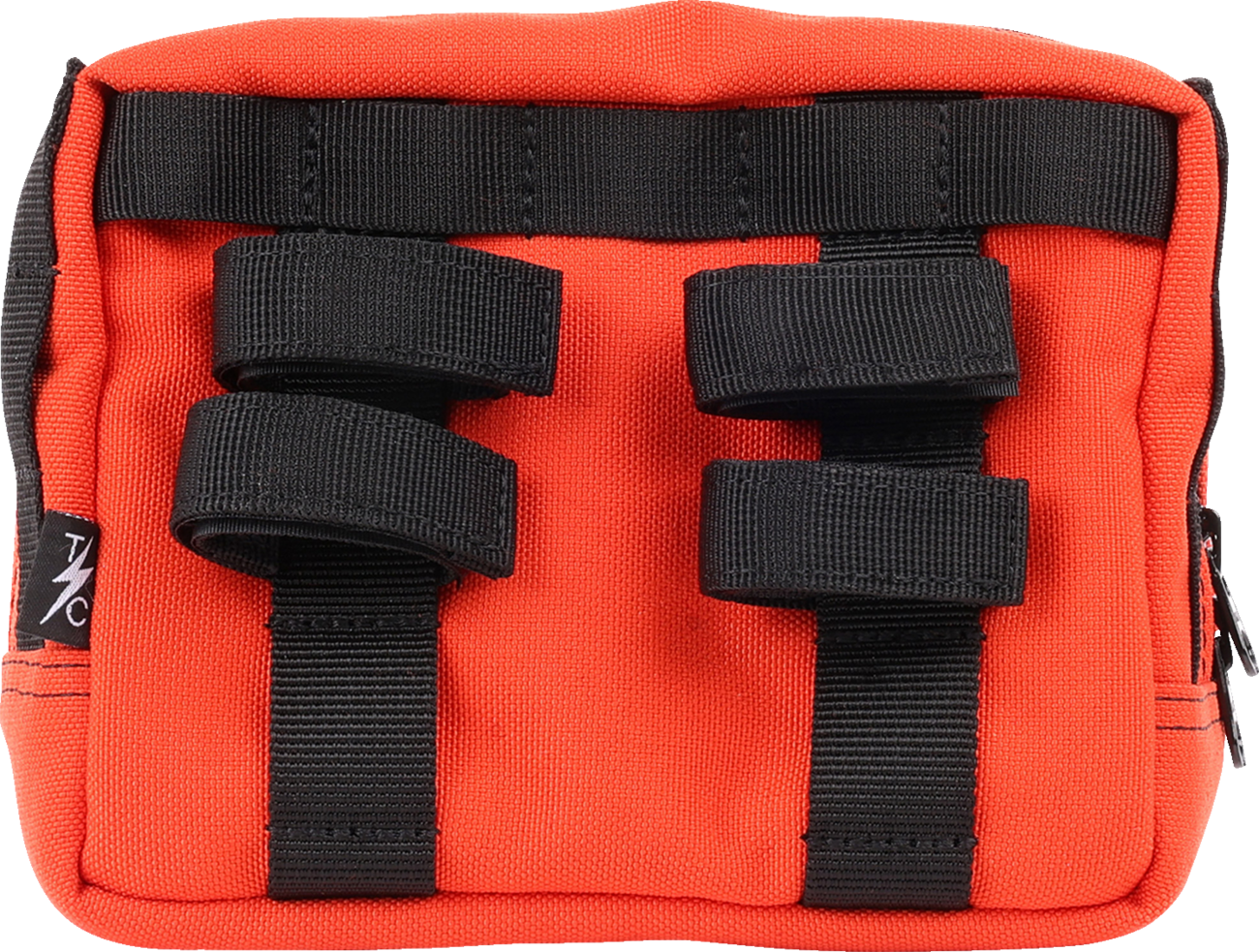 Orange handlebar bag from THRASHIN SUPPLY CO. for bikes, featuring durable material and secure attachment for cycling adventures.