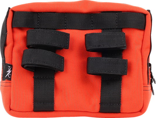 Orange handlebar bag from THRASHIN SUPPLY CO. for bikes, featuring durable material and secure attachment for cycling adventures.