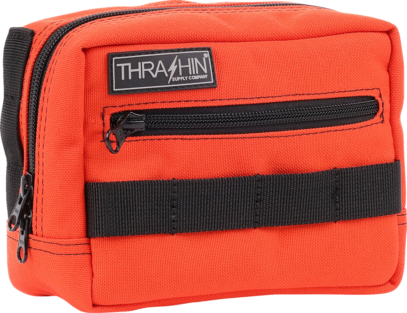 Orange handlebar bag from THRASHIN SUPPLY CO. with durable strap and compact design, ideal for bike storage.