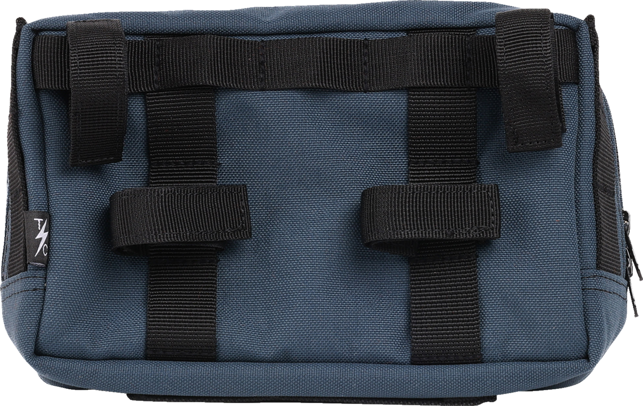 Blue Thrasin Supply Co. Handlebar Bag Plus mounted on a bicycle handlebar, featuring a compact storage design for cycling essentials.