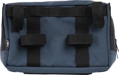 Blue Thrasin Supply Co. Handlebar Bag Plus mounted on a bicycle handlebar, featuring a compact storage design for cycling essentials.