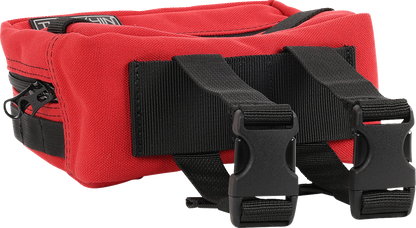Red Thrasin Supply Co. handlebar bag mounted on a bicycle for easy storage and quick access during rides.