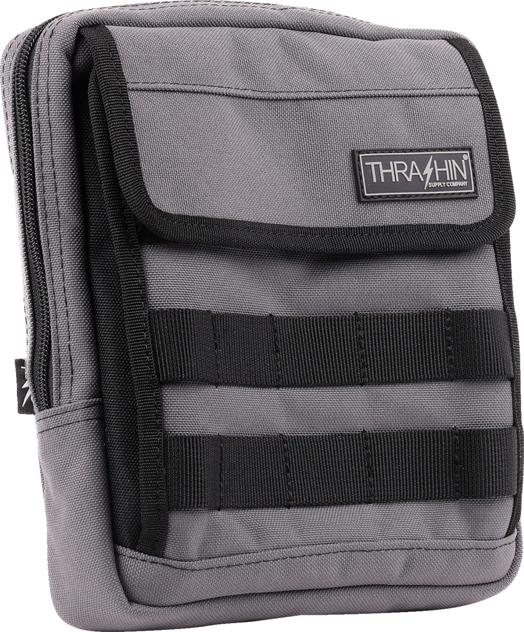 Gray THRASHIN SUPPLY CO. Handlebar Bag Slim for bikes, compact design with secure strap attachment, part number THB-0030.