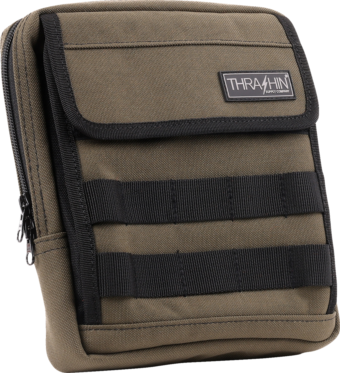 Green THRASHIN SUPPLY CO. Handlebar Bag Slim attached to a bicycle handlebar for easy storage and quick access.