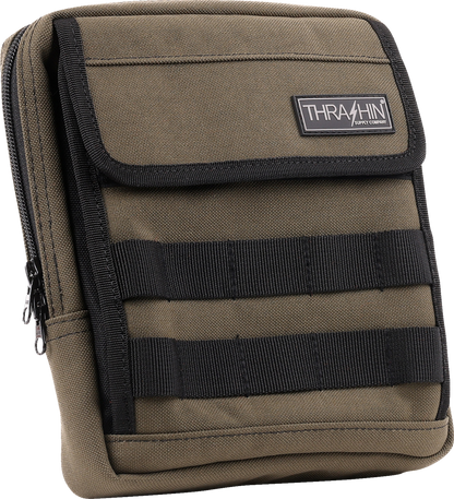 Green THRASHIN SUPPLY CO. Handlebar Bag Slim attached to a bicycle handlebar for easy storage and quick access.