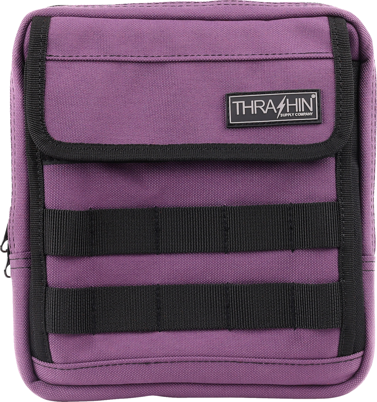 Purple Thrashin Supply Co. Handlebar Bag Slim for bikes, compact design with adjustable straps, ideal for cycling storage.