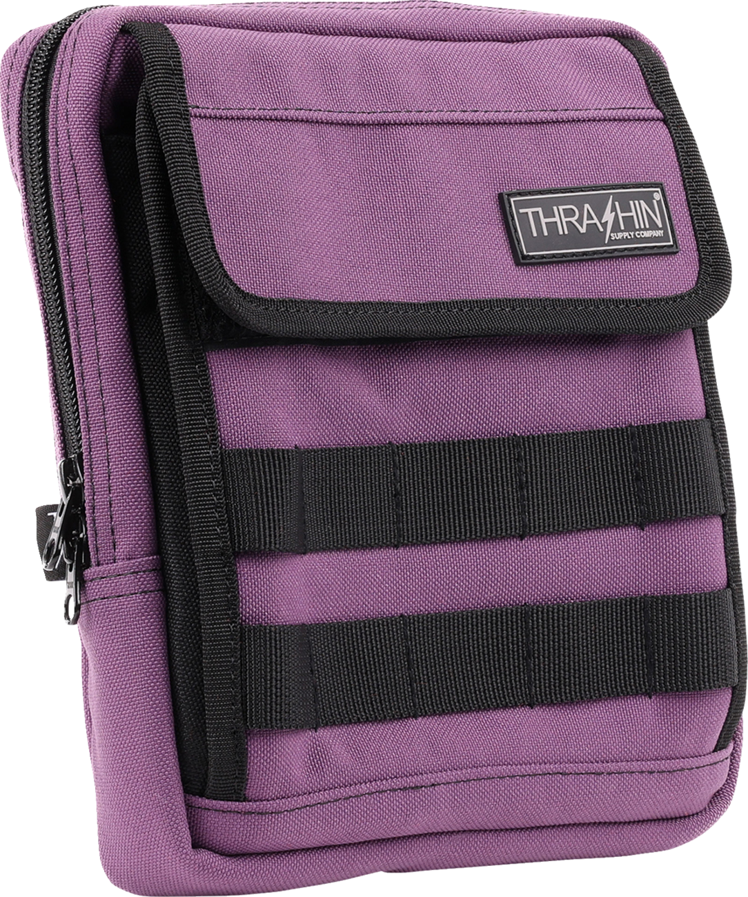 Purple THRASHIN SUPPLY CO. Handlebar Bag Slim mounted on a bicycle handlebar, compact and sleek for cycling gear storage