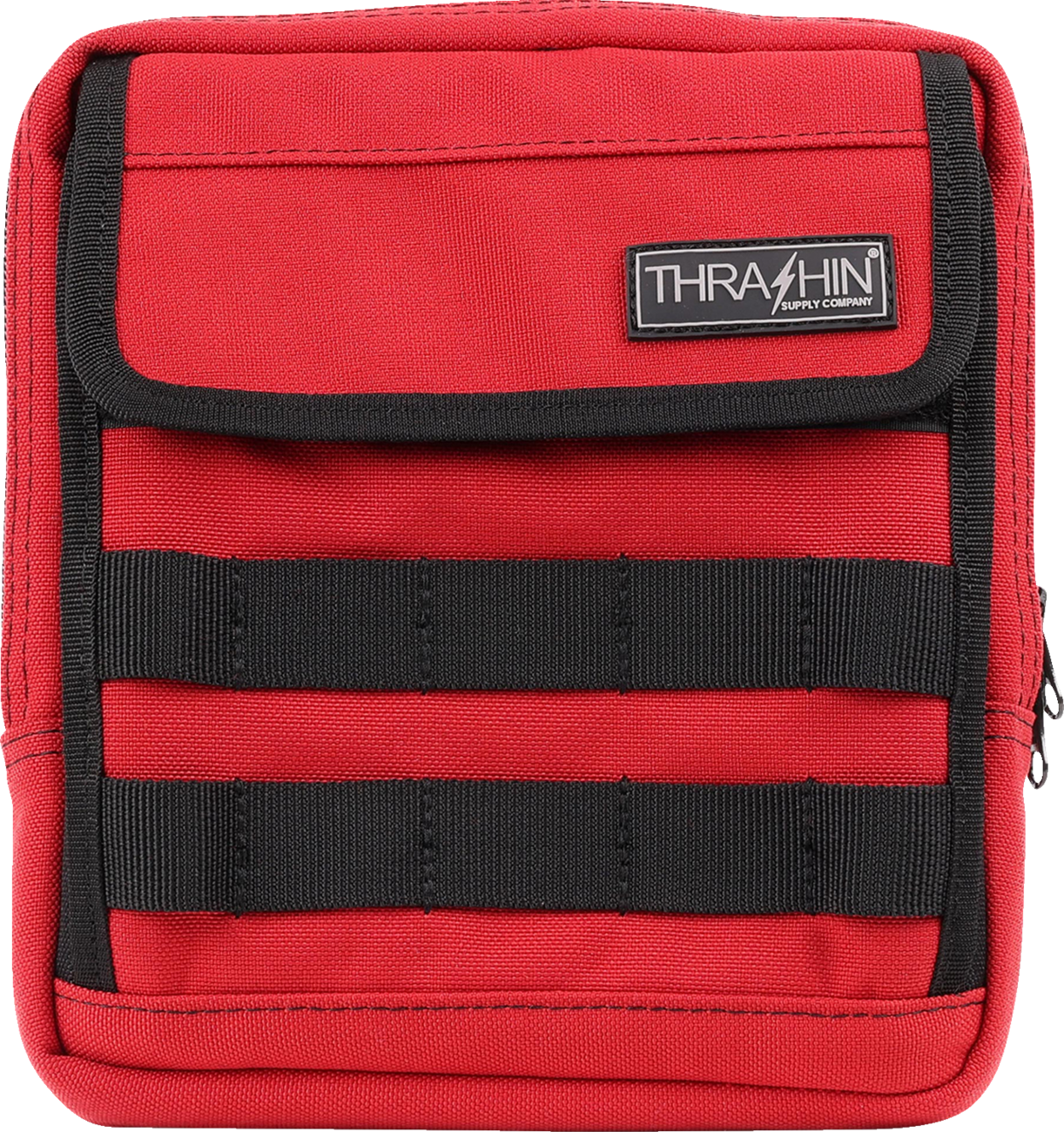 Red THRASHIN SUPPLY CO. Handlebar Bag Slim for bicycles, compact design, attached to bike handlebars, with secure straps.