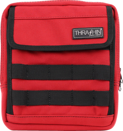Red THRASHIN SUPPLY CO. Handlebar Bag Slim for bicycles, compact design, attached to bike handlebars, with secure straps.