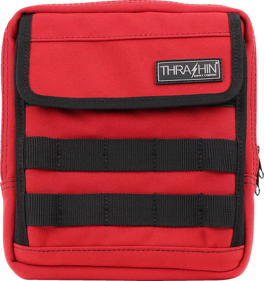 Red THRASHIN SUPPLY CO. Handlebar Bag Slim for bicycles, compact design, attached to bike handlebars, with secure straps.