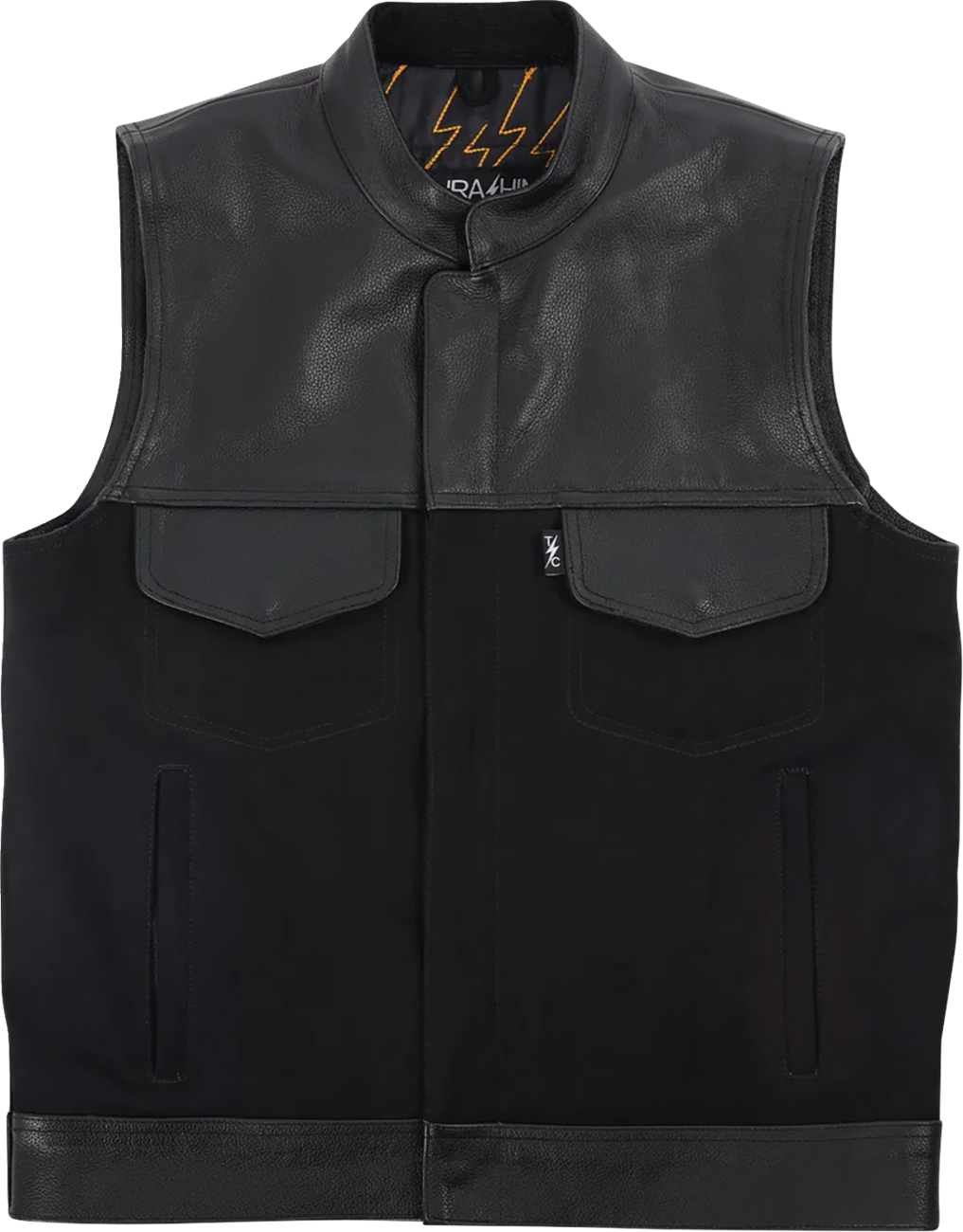 Black Kanan leather and denim riding vest by THRASHIN SUPPLY CO. in 2XL size, featuring a rugged, stylish design.