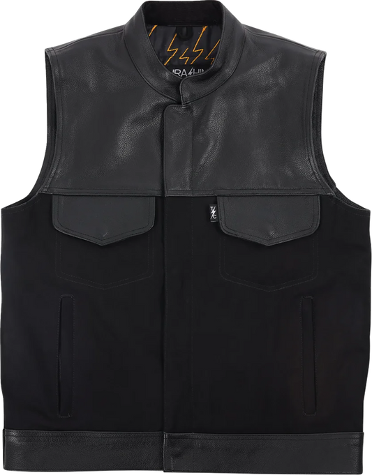 Black Kanan leather and denim riding vest by THRASHIN SUPPLY CO. in 2XL size, featuring a rugged, stylish design.