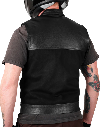 Black leather and denim riding vest by THRASHIN SUPPLY CO., medium size, featuring a classic Western style with detailed stitching.